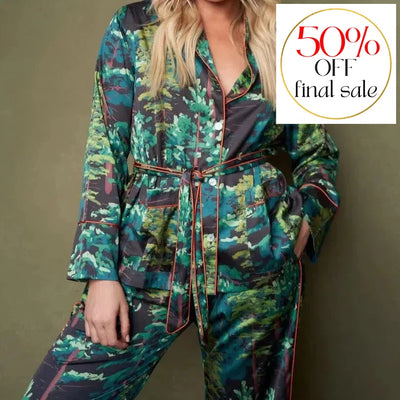 Kilo Brava Satin Wide Leg Wrap Pajamas 14013-Loungewear-Kilo Brava-Evergreen-Small-Anna Bella Fine Lingerie, Reveal Your Most Gorgeous Self!
