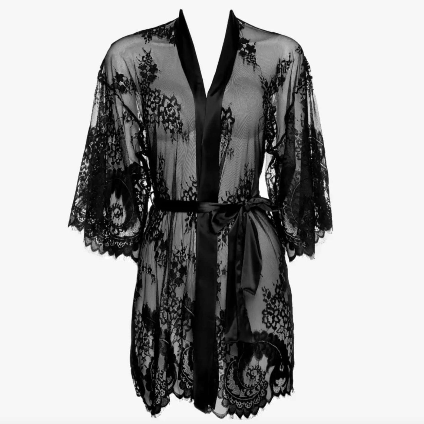 Ajour Arganzuela Lace Kimono KIM2-Anna Bella Fine Lingerie-Sophisticated black lace kimono robe with show-stopping satin accents! . Cinch it up with a sweet satin ribbon belt, and show off those gams - you know you want to! Crafted with a luxe blend of Polyamide (72%), Elastane (18%), Viscose (8%), and Polyester (2%).