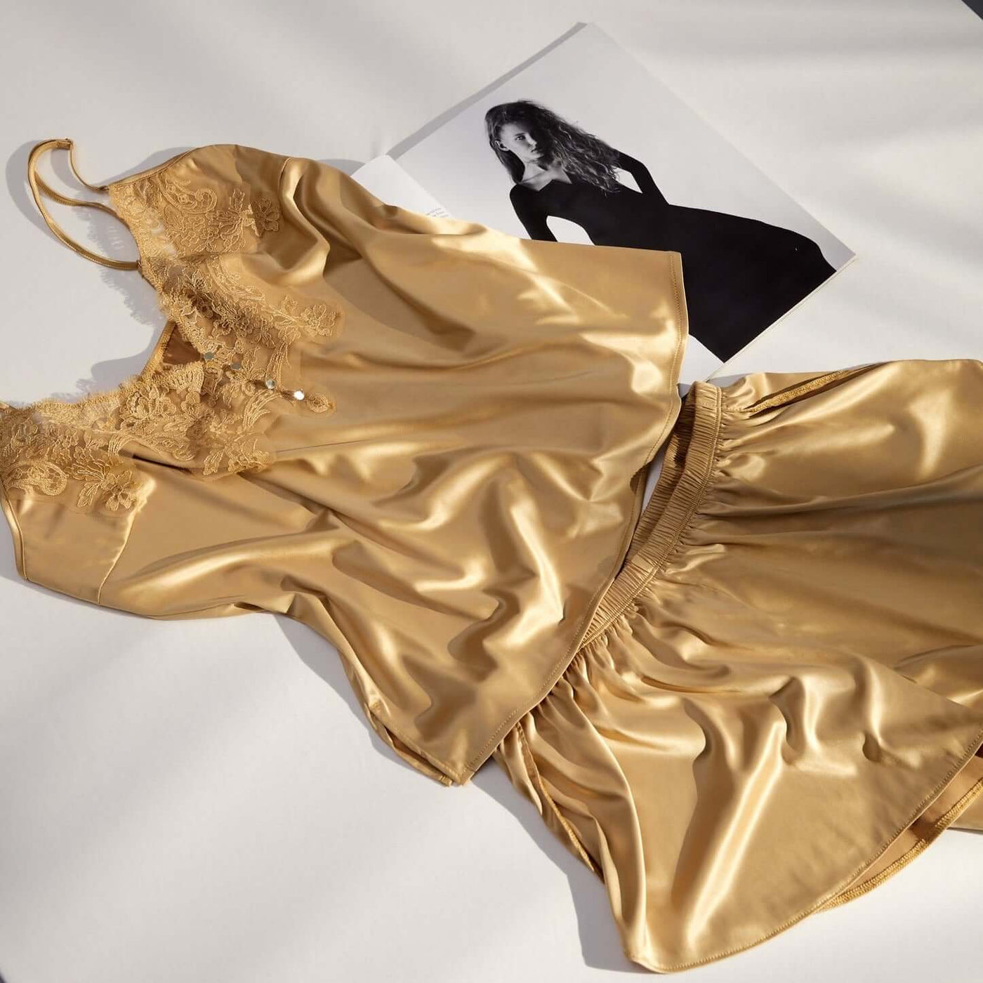 Ajour Calissons Satin Cami Short Set in Gold M11/SHRJ11-Anna Bella Fine Lingerie-Gold-XSmall-