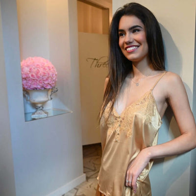 Ajour Calissons Satin Cami Short Set in Gold M11/SHRJ11-Loungewear-Ajour-Gold-XSmall-Anna Bella Fine Lingerie, Reveal Your Most Gorgeous Self!