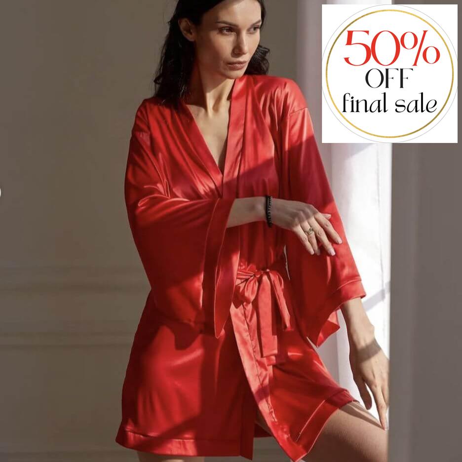 Ajour Gelato Satin Kimono Robe in Red KIM2A-Robes-Ajour-Red-XSmall/Small-Anna Bella Fine Lingerie, Reveal Your Most Gorgeous Self!