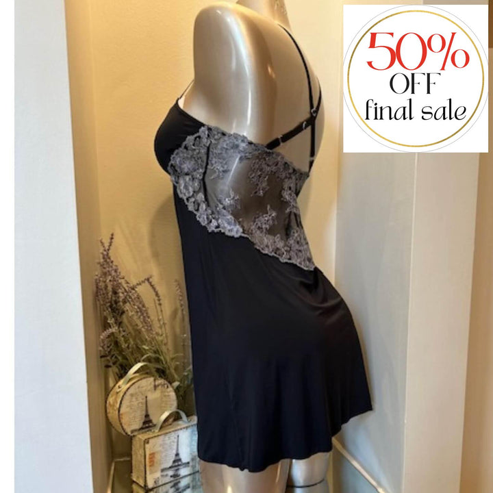 Ajour Sensuel Chemise with Inserts K4-Loungewear-Ajour-Black / Grey-XSmall-Anna Bella Fine Lingerie, Reveal Your Most Gorgeous Self!