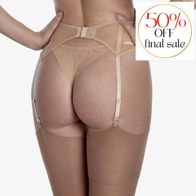 Ajour Tiramisu Garter Belt PJ2-Anna Bella Fine Lingerie-Made of mesh and decorated with floral vanilla embroidery in front. Has a fastener at the back of the garter belt. The French clips are durable and easy to fasten. Polyamide 72%, elastane 18%, viscose 8%, polyester 2%.