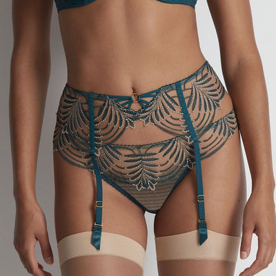 Aubade Hypnolove Suspender Belt in Evergreen LD50-Anna Bella Fine Lingerie-Deceptively simple at the back with completely see-through lightweight tulle, yet sophisticated at the front with its luxurious, elegant embroidery interwoven with gold-coloured threads to highlight the hips, the Hypnolove suspender belt boasts suggestive details including sexy bondage-style lacing trimmed with a charm and a crystal diamanté to show off the waist. Its built-in suspenders are designed for Aubade stockings, defining th