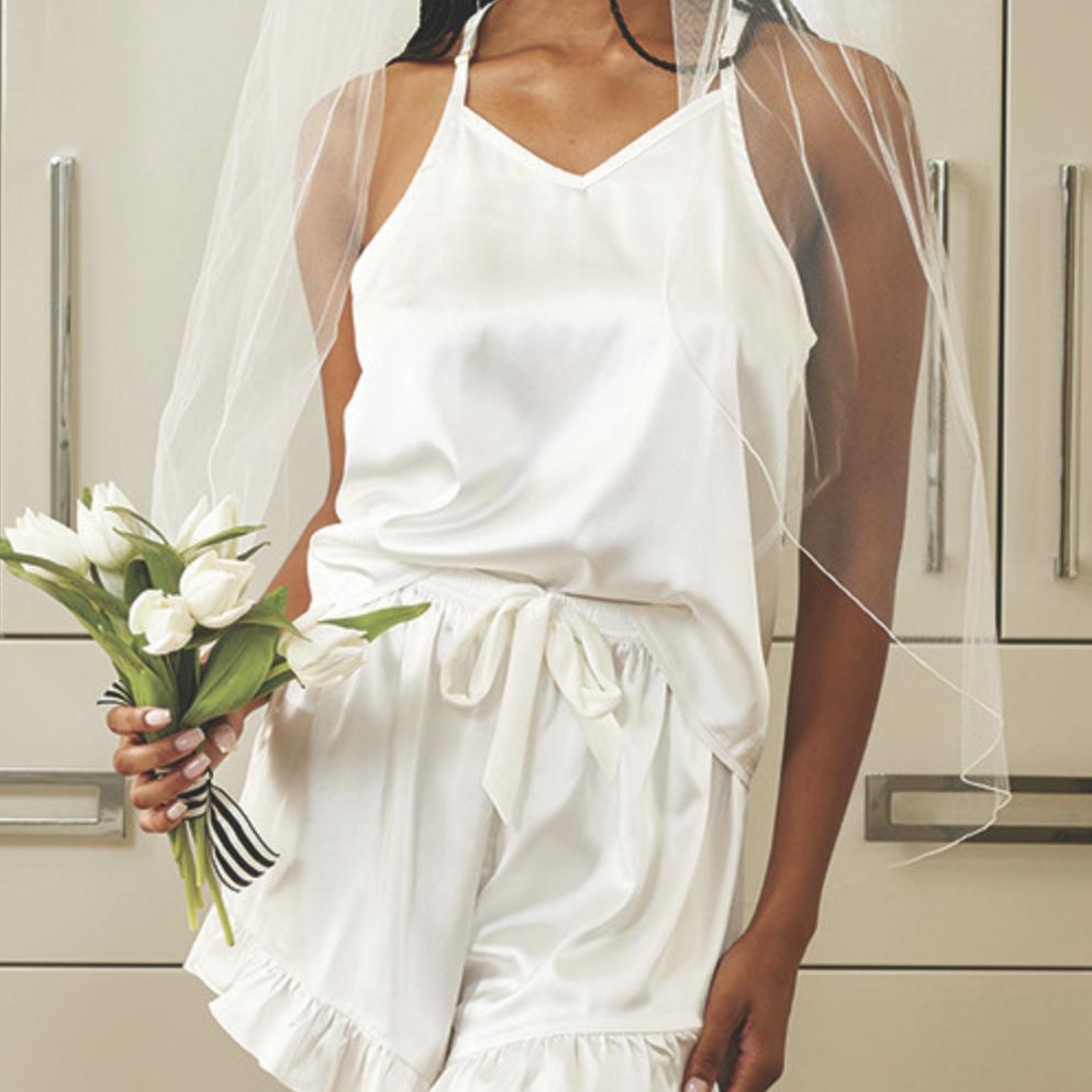 Bella Cami &amp; Velvet Ruffled Short Set in White R0675-Sleepwear-Bella Sleep &amp; Spa-White-Small-Anna Bella Fine Lingerie, Reveal Your Most Gorgeous Self!
