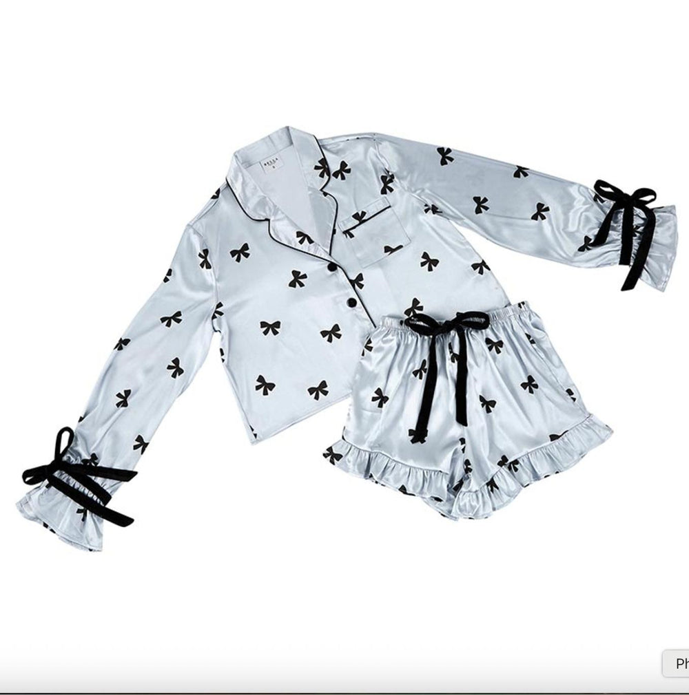 Bella Cropped PJ Set Blue with Black Bows P2459-Loungewear-Bella Sleep & Spa-Blue with Black Bows-Small-Anna Bella Fine Lingerie, Reveal Your Most Gorgeous Self!