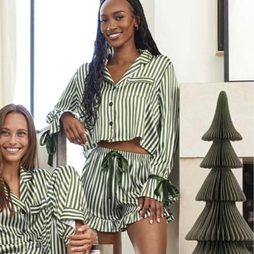 Bella Cropped PJ Set + Velvet Ties - Green Stripe P6947-Sleepwear-Bella Sleep & Spa-Green Stripe-Small-Anna Bella Fine Lingerie, Reveal Your Most Gorgeous Self!