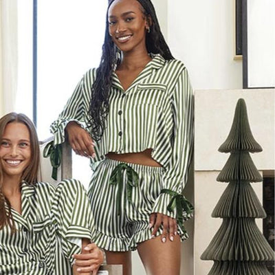 Bella Cropped PJ Set + Velvet Ties - Green Stripe P6947-Loungewear-Bella Sleep & Spa-Green Stripe-Small-Anna Bella Fine Lingerie, Reveal Your Most Gorgeous Self!
