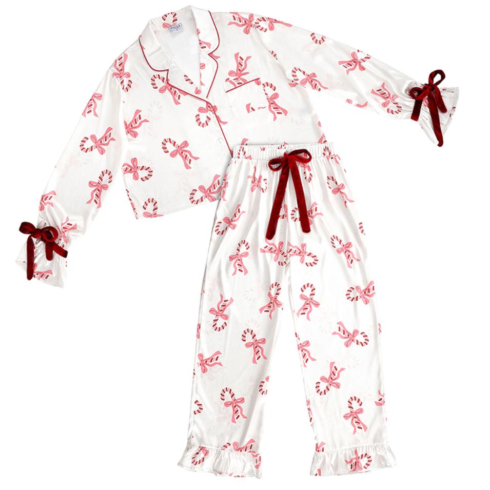 Bella Cropped Ruffled Top + Ruffled Pant PJ Set with Velvet Ties R5373-Anna Bella Fine Lingerie-Candy Canes-Small-