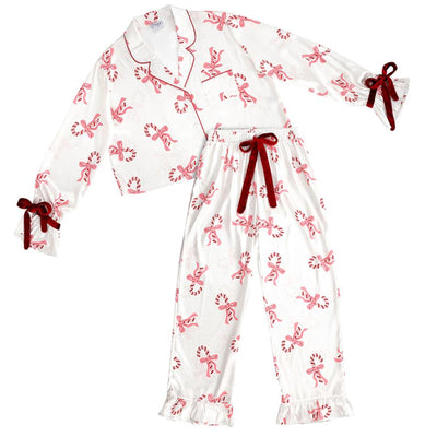 Bella Cropped Ruffled Top + Ruffled Pant PJ Set with Velvet Ties R5373-Anna Bella Fine Lingerie-Candy Canes-Small-