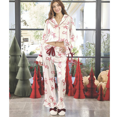 Bella Cropped Ruffled Top + Ruffled Pant PJ Set with Velvet Ties R5373-Loungewear-Bella Sleep & Spa-Candy Canes-Small-Anna Bella Fine Lingerie, Reveal Your Most Gorgeous Self!