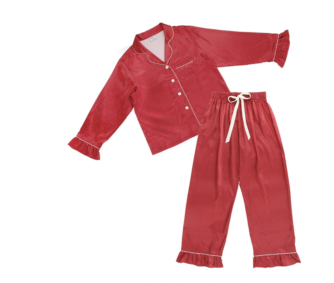 Bella Full-Length Red Ruffled PJ Set with Pink Dots T6012