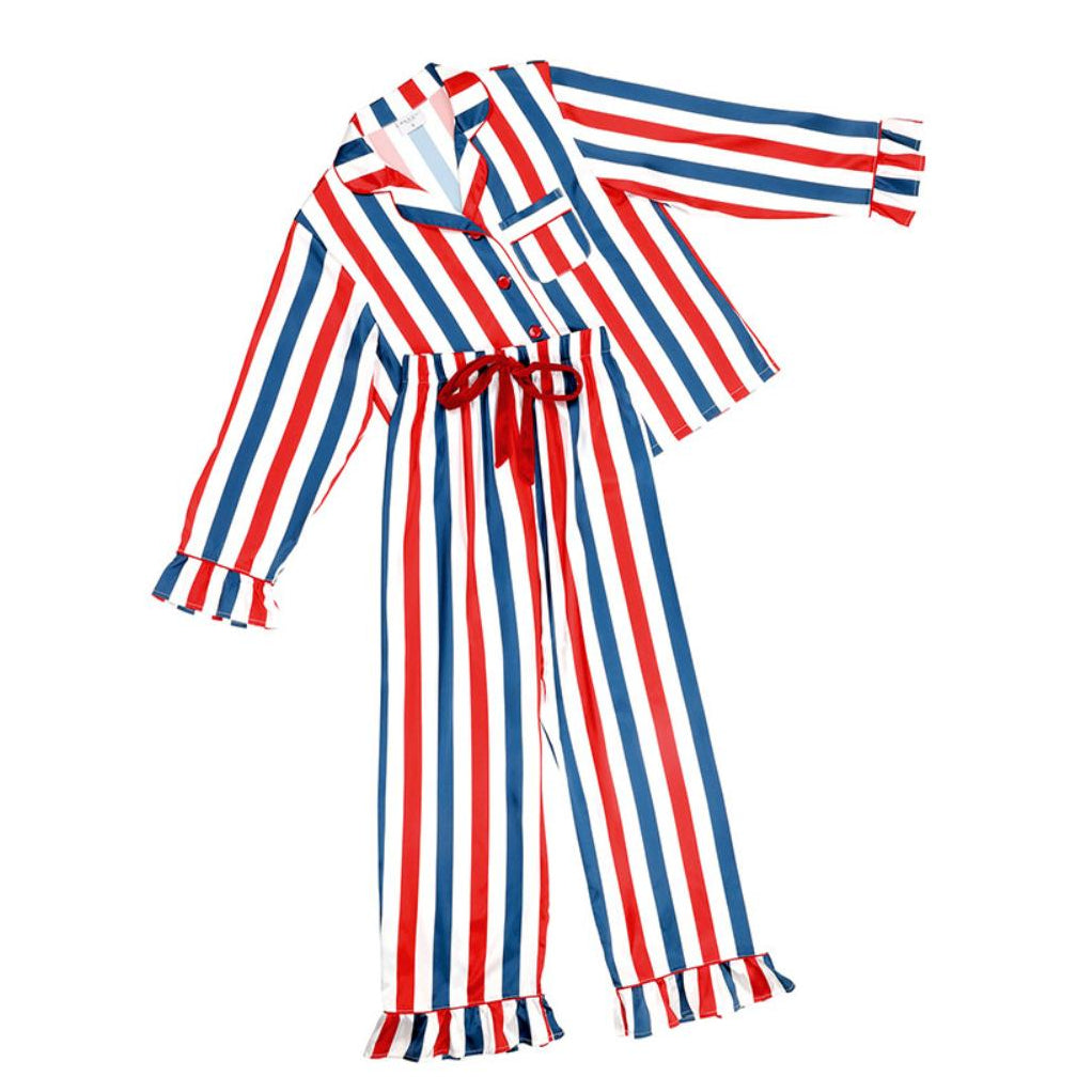 Bella Full-Length Ruffled PJ Set Stripe T1872-Sleepwear-Bella Sleep & Spa-Red, White & Blue-Small-Anna Bella Fine Lingerie, Reveal Your Most Gorgeous Self!