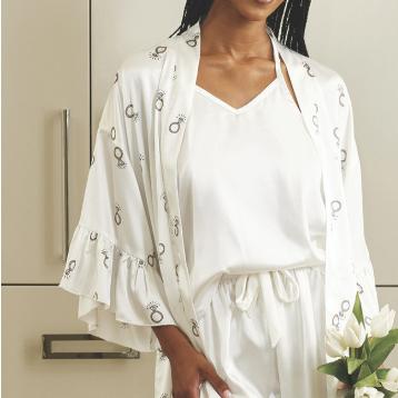 Bella Long Ruffled Engagement Ring Satin Robe R0674-Robes-Bella Sleep &amp; Spa-White-Small/Medium-Anna Bella Fine Lingerie, Reveal Your Most Gorgeous Self!