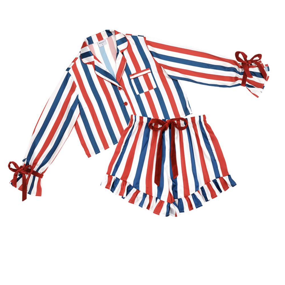 Bella Long Sleeve Cropped Ruffled Short Set-Sleepwear-Bella Sleep & Spa-Striped-Small-Anna Bella Fine Lingerie, Reveal Your Most Gorgeous Self!