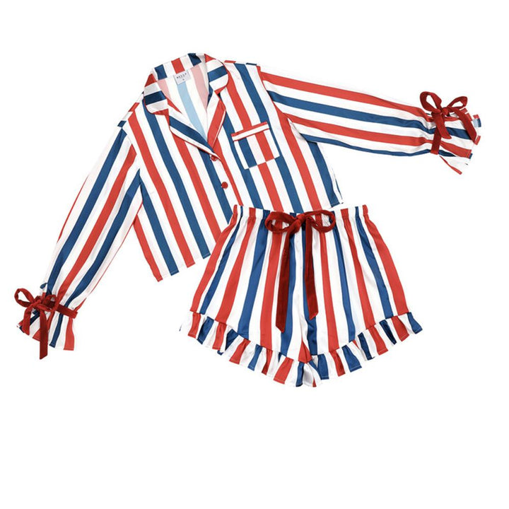 Bella Long Sleeve Cropped Ruffled Short Set-Sleepwear-Bella Sleep &amp; Spa-Striped-Small-Anna Bella Fine Lingerie, Reveal Your Most Gorgeous Self!