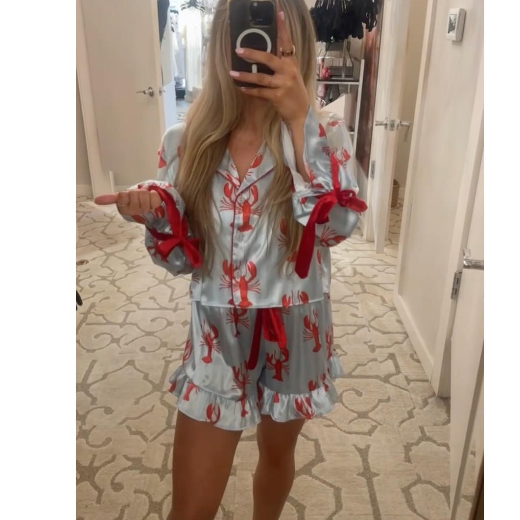 Bella Long Sleeve Lobster Cropped Ruffled Short PJ Set T1877-Anna Bella Fine Lingerie-Lobsters-Small-