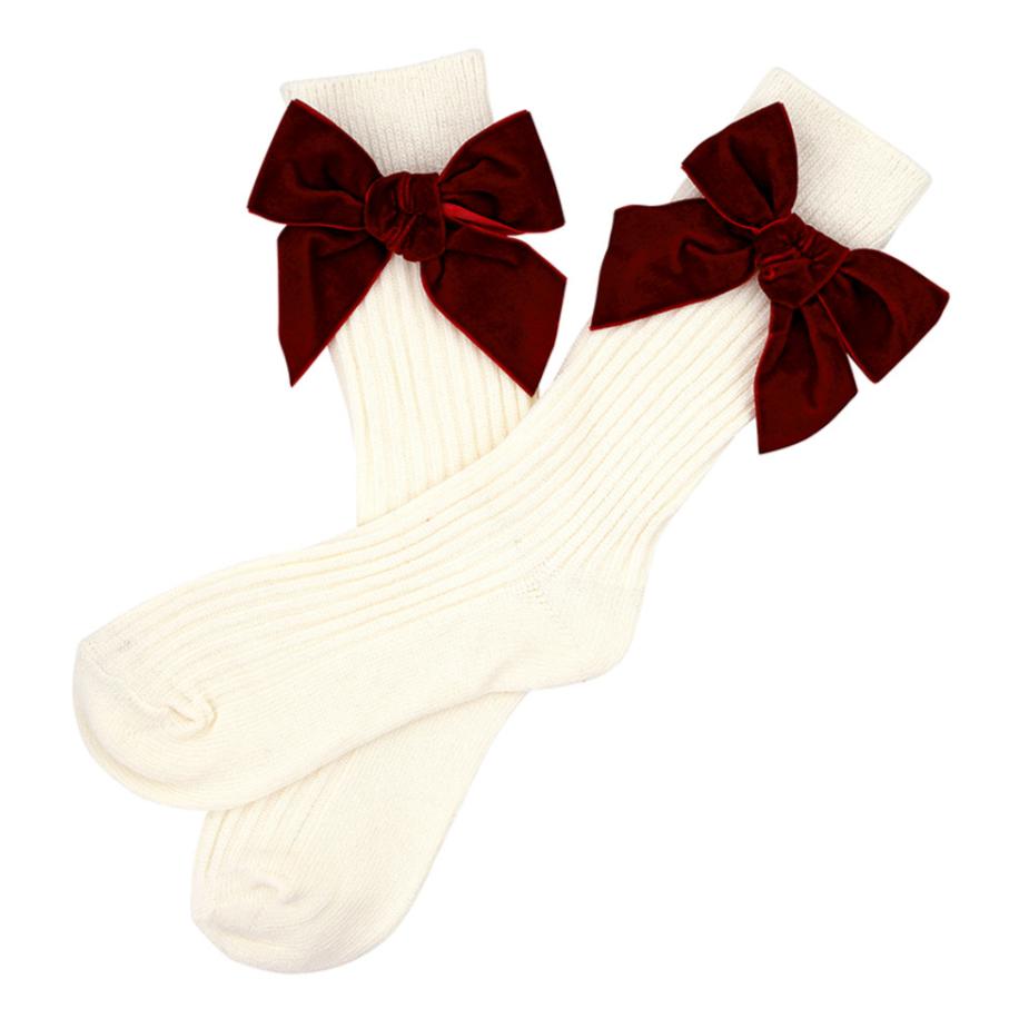 Bella Ornament Ivory Cotton Socks with Burgundy Velevet Bow R5429-Socks &amp; Slippers-Bella Sleep &amp; Spa-Anna Bella Fine Lingerie, Reveal Your Most Gorgeous Self!