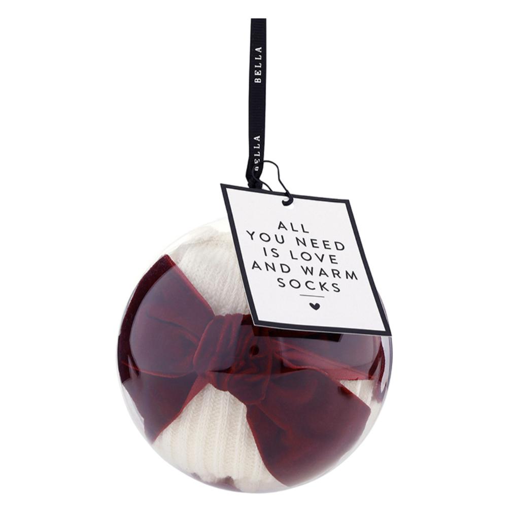 Bella Ornament Ivory Cotton Socks with Burgundy Velevet Bow R5429-Socks & Slippers-Bella Sleep & Spa-Anna Bella Fine Lingerie, Reveal Your Most Gorgeous Self!