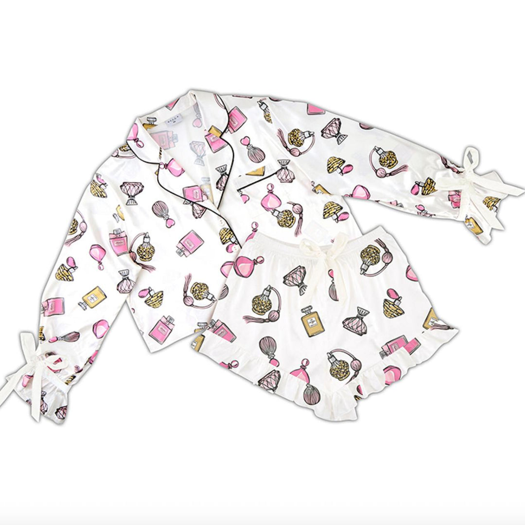 Bella Perfume Bottle Cropped PJ Set + Velvet Ties R0741-Loungewear-Bella Sleep &amp; Spa-Perfume Bottle Print-Small-Anna Bella Fine Lingerie, Reveal Your Most Gorgeous Self!