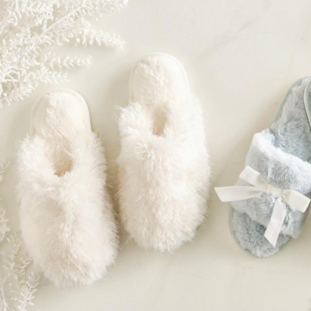 Bella Plush Mohair Slippers in White R5396-Anna Bella Fine Lingerie-White-Small-