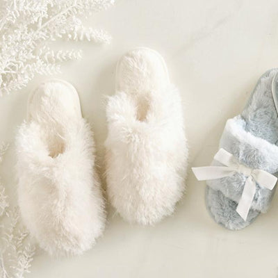 Bella Plush Mohair Slippers in White R5396-Anna Bella Fine Lingerie-White-Small-