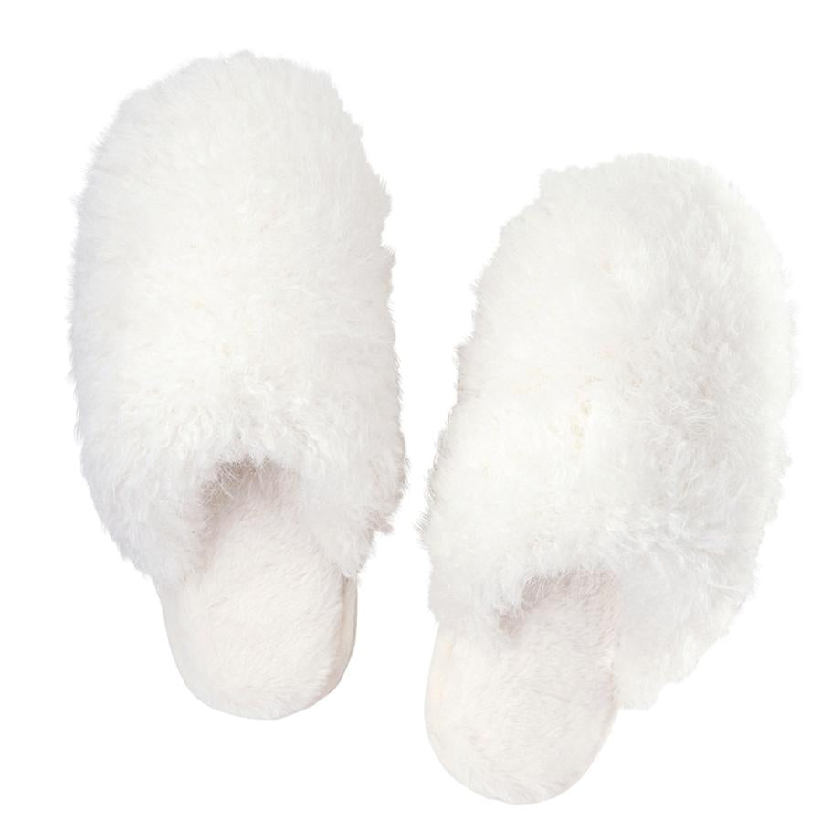 Bella Plush Mohair Slippers in White R5396-Anna Bella Fine Lingerie-White-Small-