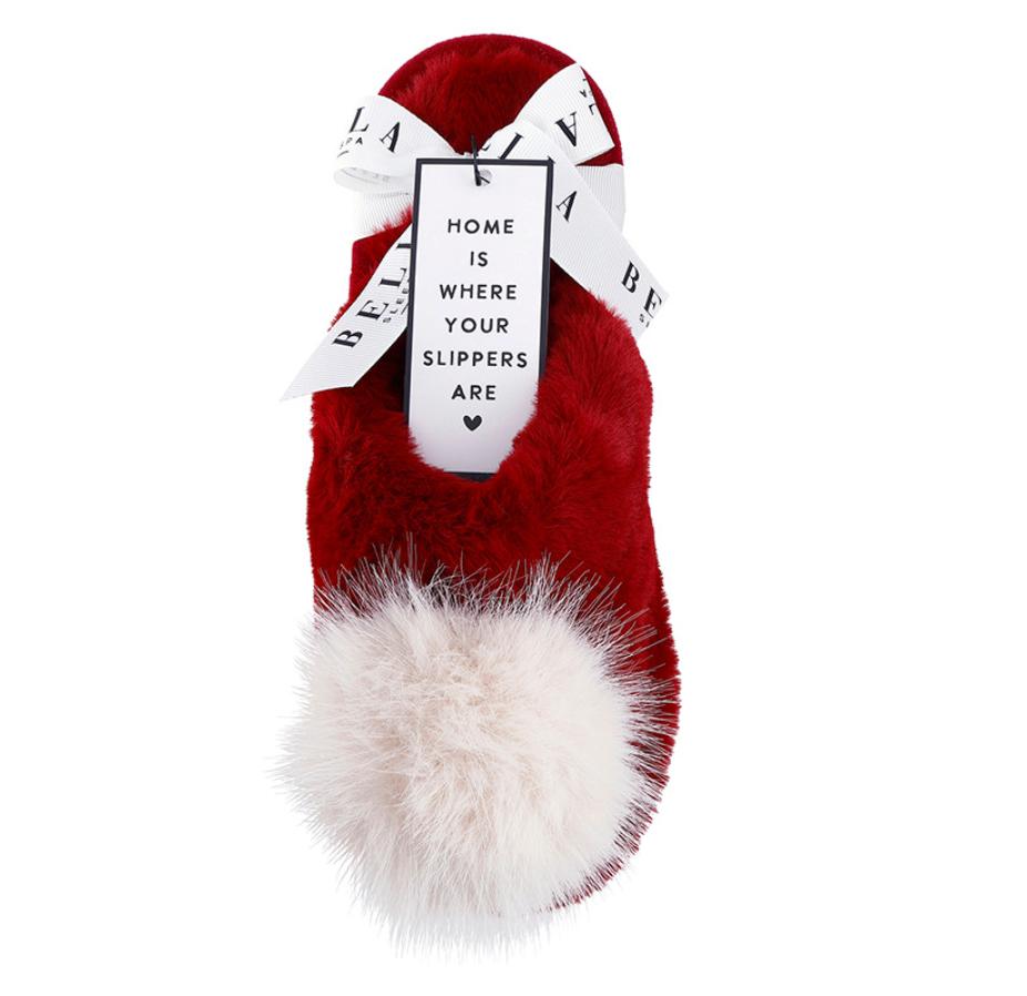 Bella Plush Slippers in Burgundy + Beige Pom Pom P5390-Socks & Slippers-Bella Sleep & Spa-Burgundy + Beige Pom Pom-Small-Anna Bella Fine Lingerie, Reveal Your Most Gorgeous Self!