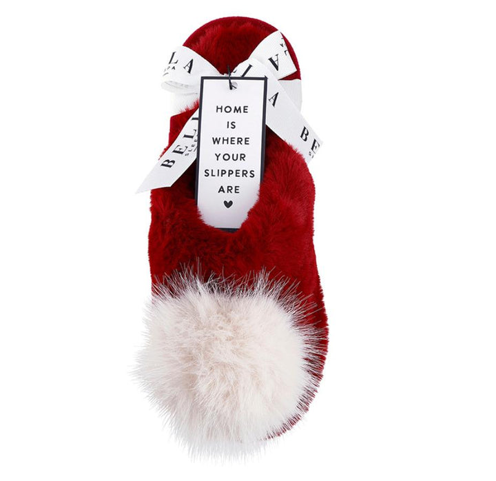 Bella Plush Slippers in Burgundy + Beige Pom Pom P5390-Socks &amp; Slippers-Bella Sleep &amp; Spa-Burgundy + Beige Pom Pom-Small-Anna Bella Fine Lingerie, Reveal Your Most Gorgeous Self!