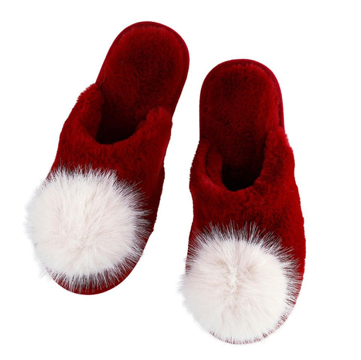 Bella Plush Slippers in Burgundy + Beige Pom Pom P5390-Socks &amp; Slippers-Bella Sleep &amp; Spa-Burgundy + Beige Pom Pom-Small-Anna Bella Fine Lingerie, Reveal Your Most Gorgeous Self!