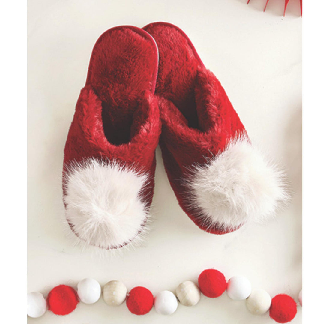 Bella Plush Slippers in Burgundy + Beige Pom Pom P5390-Socks & Slippers-Bella Sleep & Spa-Burgundy + Beige Pom Pom-Small-Anna Bella Fine Lingerie, Reveal Your Most Gorgeous Self!