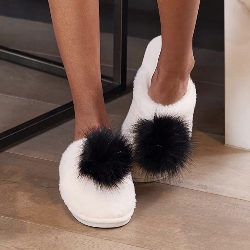 Bella Plush Slippers in Ivory + Black Pom Pom P6879-Socks &amp; Slippers-Bella Sleep &amp; Spa-White + Black Pom Pom-Small (5-6)-Anna Bella Fine Lingerie, Reveal Your Most Gorgeous Self!