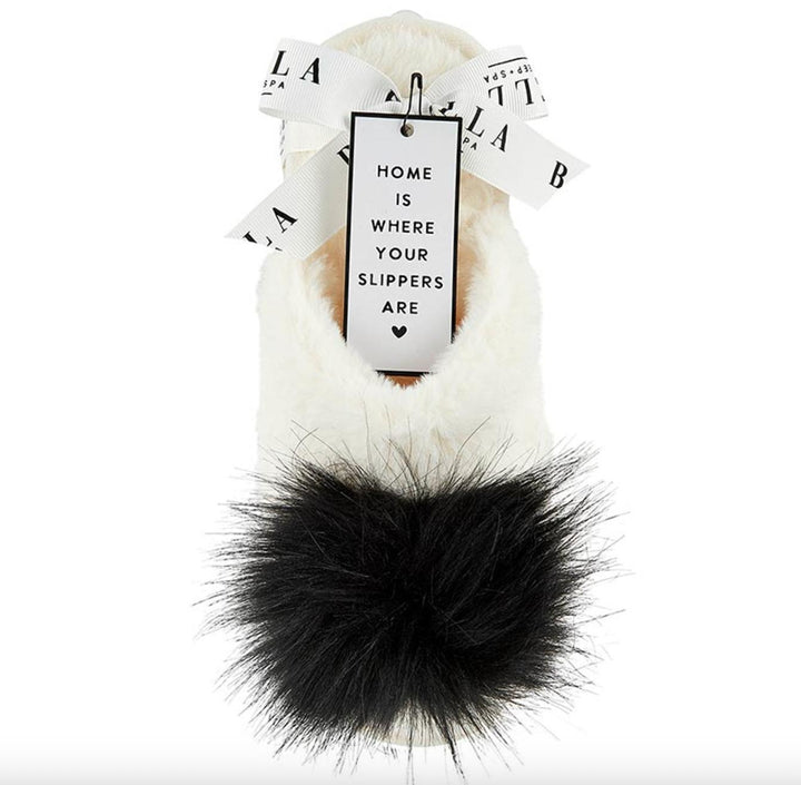 Bella Plush Slippers in Ivory + Black Pom Pom P6879-Socks &amp; Slippers-Bella Sleep &amp; Spa-White + Black Pom Pom-Small (5-6)-Anna Bella Fine Lingerie, Reveal Your Most Gorgeous Self!