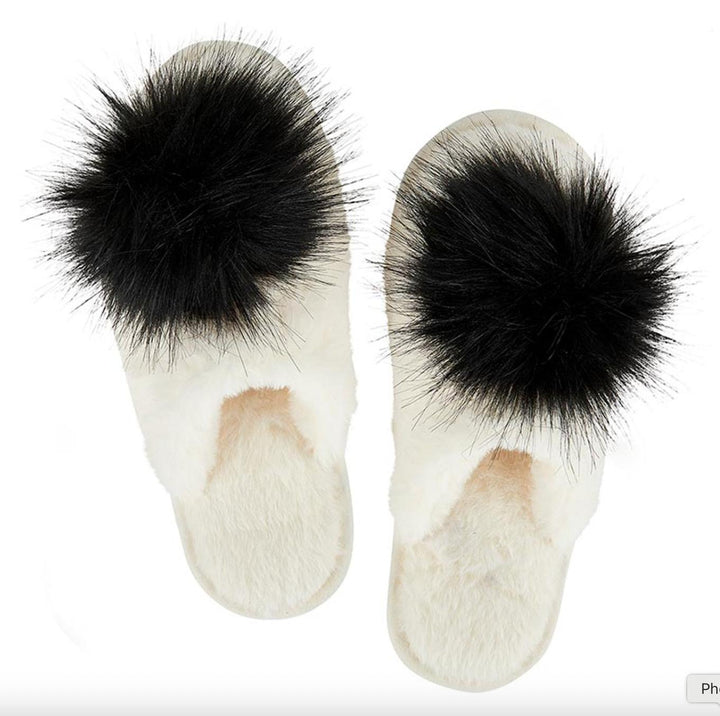 Bella Plush Slippers in Ivory + Black Pom Pom P6879-Socks &amp; Slippers-Bella Sleep &amp; Spa-White + Black Pom Pom-Small (5-6)-Anna Bella Fine Lingerie, Reveal Your Most Gorgeous Self!