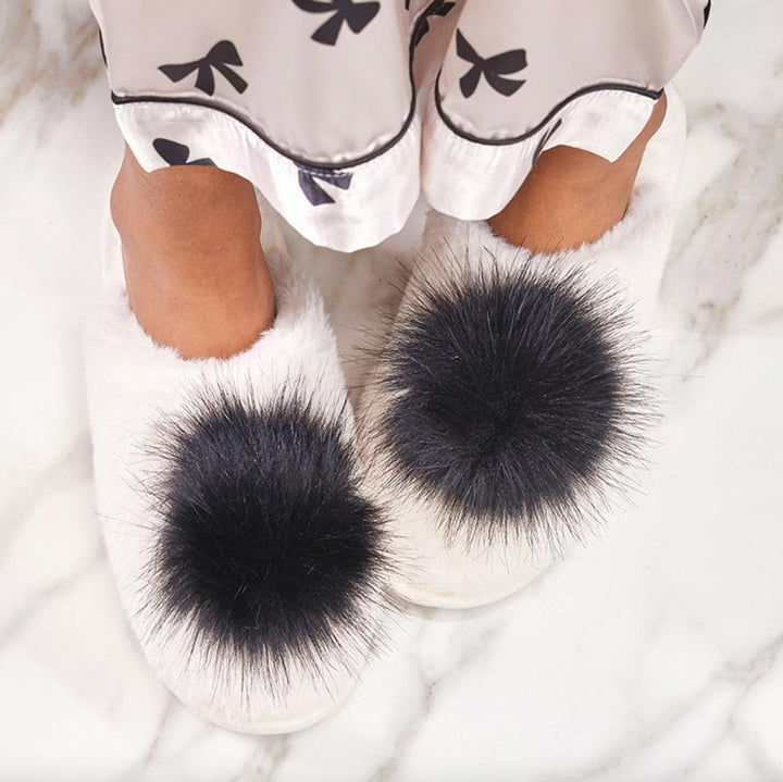Bella Plush Slippers in Ivory + Black Pom Pom P6879-Socks &amp; Slippers-Bella Sleep &amp; Spa-White + Black Pom Pom-Small (5-6)-Anna Bella Fine Lingerie, Reveal Your Most Gorgeous Self!