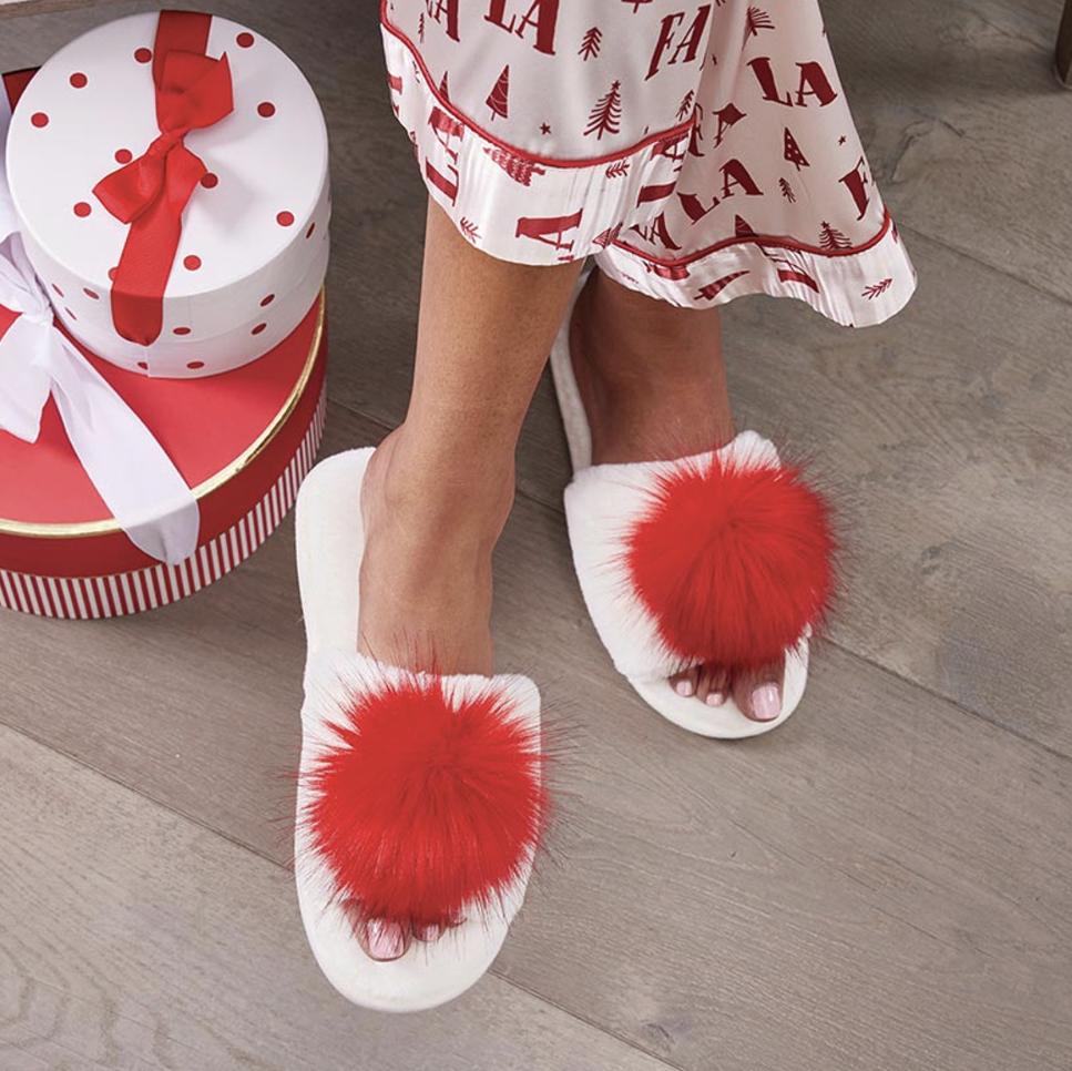 Bella Plush Slippers in Ivory + Red Pom Pom P6869-Socks & Slippers-Bella Sleep & Spa-Ivory + Red Pom Pom-Small-Anna Bella Fine Lingerie, Reveal Your Most Gorgeous Self!