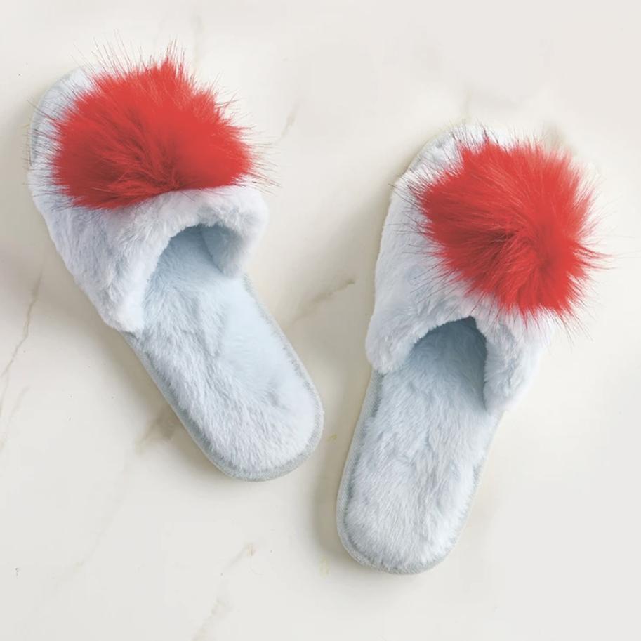 Bella Plush Slippers in Light Blue and Red Pom Pom T1944-Socks & Slippers-Bella Sleep & Spa-Light Blue and Red Pom Pom-Small-Anna Bella Fine Lingerie, Reveal Your Most Gorgeous Self!