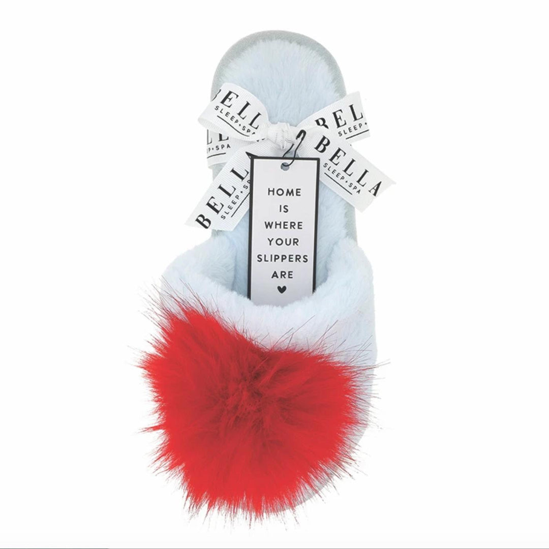 Bella Plush Slippers in Light Blue and Red Pom Pom T1944-Socks & Slippers-Bella Sleep & Spa-Light Blue and Red Pom Pom-Small-Anna Bella Fine Lingerie, Reveal Your Most Gorgeous Self!