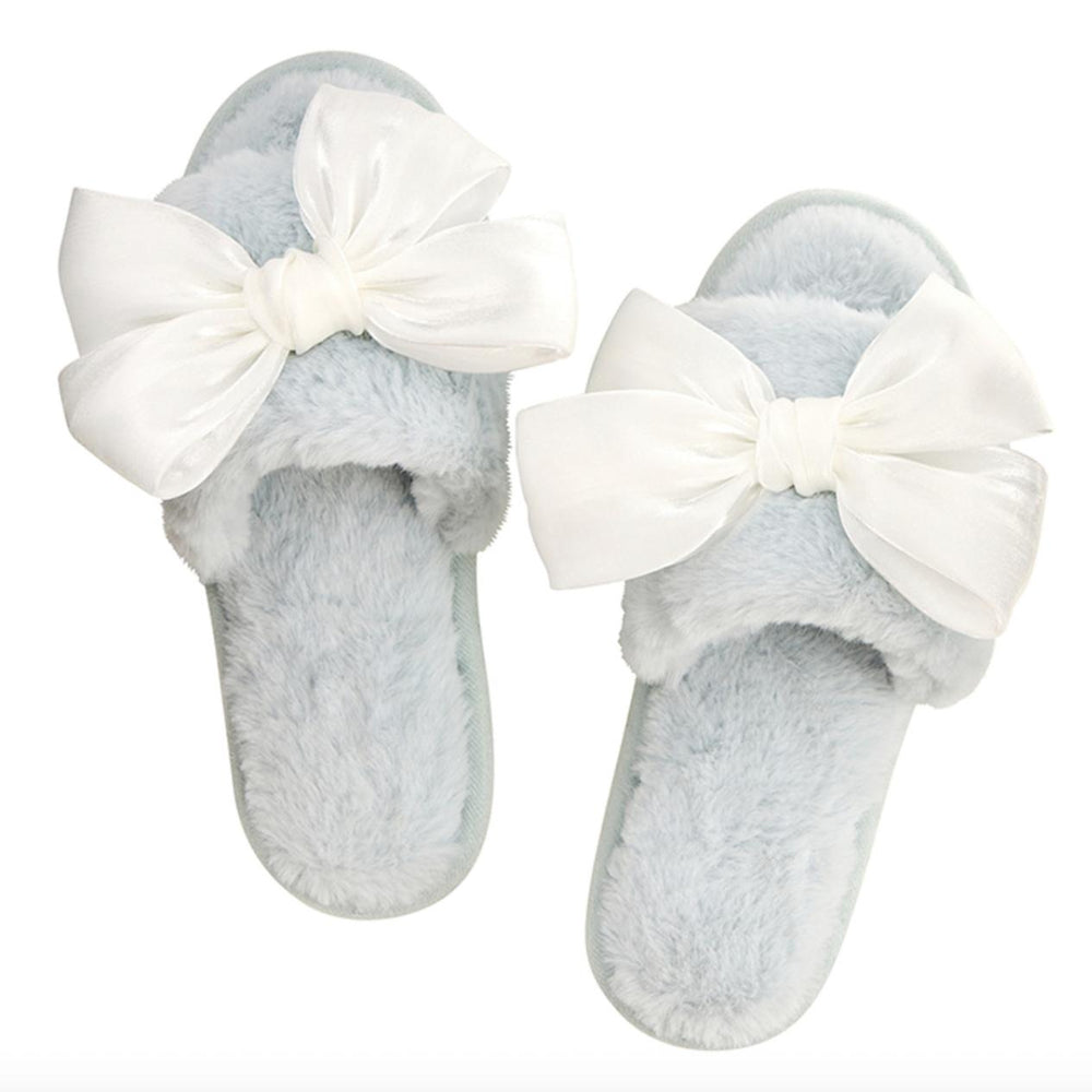 Bella Plush Slippers in Spa Blue + White Bow R0730-Socks & Slippers-Bella Sleep & Spa-Spa Blue + White Bow-Small-Anna Bella Fine Lingerie, Reveal Your Most Gorgeous Self!