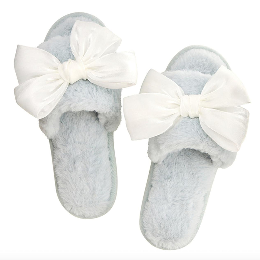 Bella Plush Slippers in Spa Blue + White Bow R0730-Socks &amp; Slippers-Bella Sleep &amp; Spa-Spa Blue + White Bow-Small-Anna Bella Fine Lingerie, Reveal Your Most Gorgeous Self!