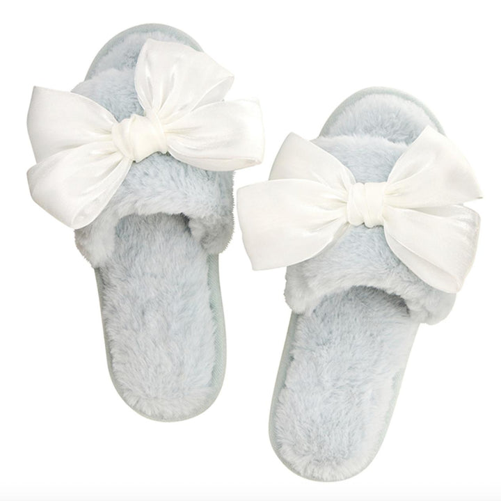 Bella Plush Slippers in Spa Blue + White Bow R0730-Socks &amp; Slippers-Bella Sleep &amp; Spa-Spa Blue + White Bow-Small-Anna Bella Fine Lingerie, Reveal Your Most Gorgeous Self!