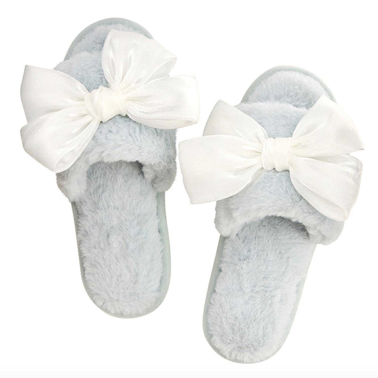 Bella Plush Slippers in Spa Blue + White Bow R0730-Anna Bella Fine Lingerie-Spa Blue + White Bow-Small-