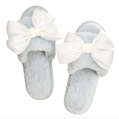 Bella Plush Slippers in Spa Blue + White Bow R0730-Anna Bella Fine Lingerie-Spa Blue + White Bow-Small-