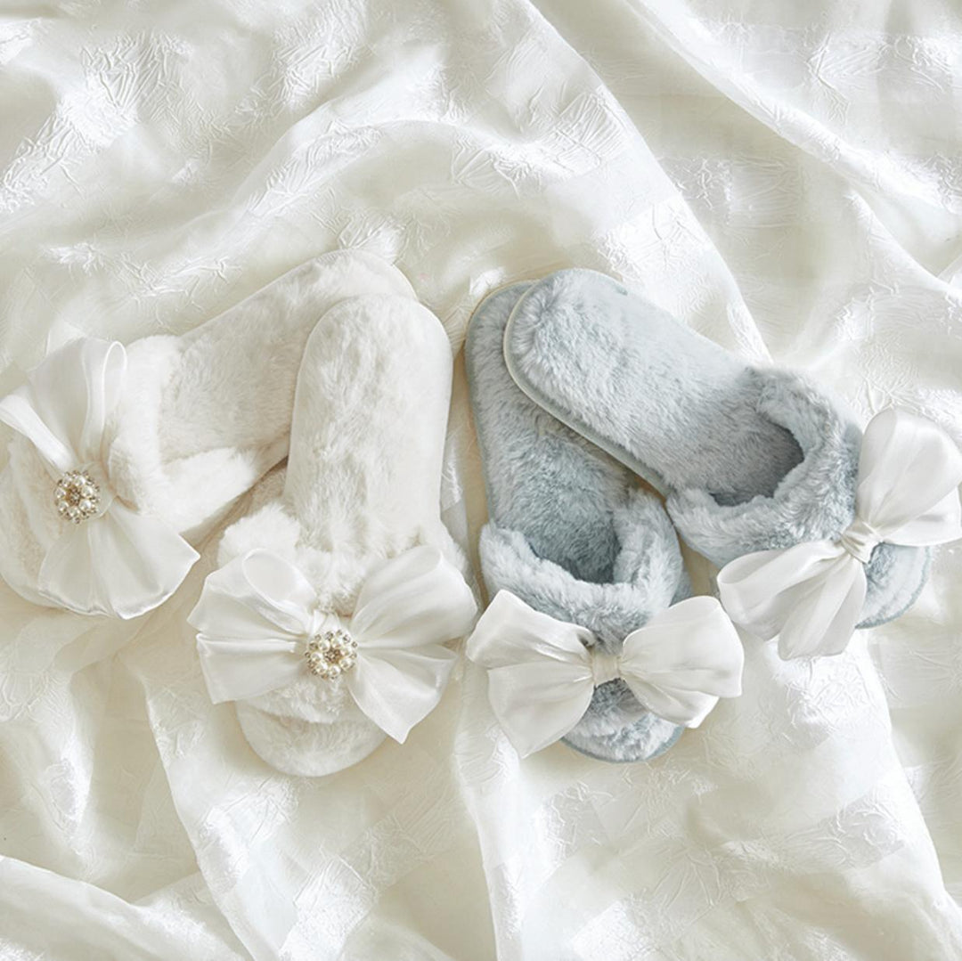 Bella Plush Slippers in Spa Blue + White Bow R0730-Socks &amp; Slippers-Bella Sleep &amp; Spa-Spa Blue + White Bow-Small-Anna Bella Fine Lingerie, Reveal Your Most Gorgeous Self!