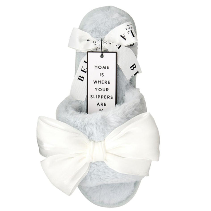 Bella Plush Slippers in Spa Blue + White Bow R0730-Socks &amp; Slippers-Bella Sleep &amp; Spa-Spa Blue + White Bow-Small-Anna Bella Fine Lingerie, Reveal Your Most Gorgeous Self!