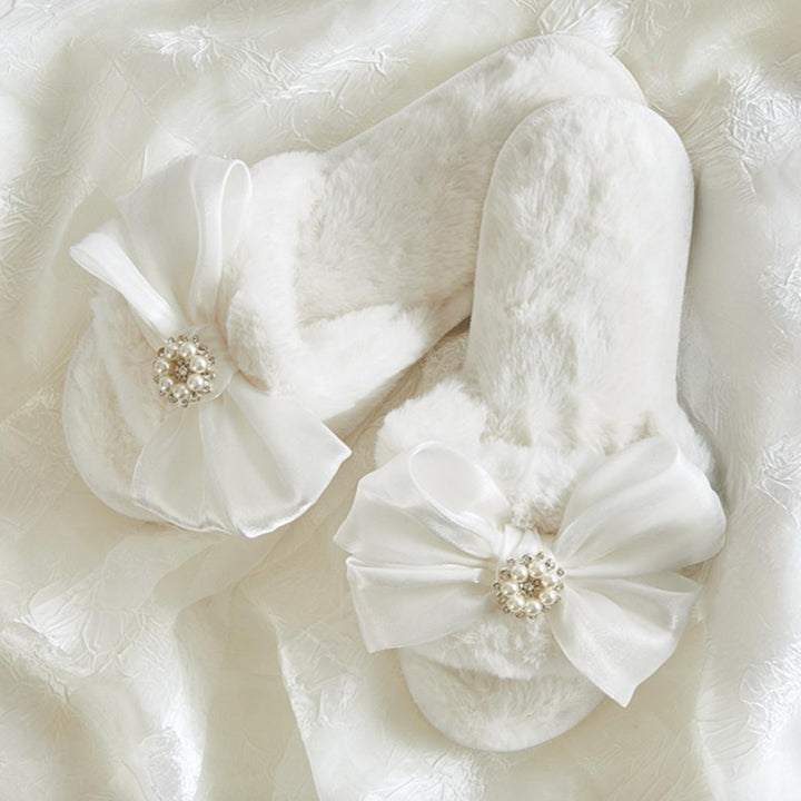 Bella Plush Slippers in White + White Crystal Bow R0693-Socks &amp; Slippers-Bella Sleep &amp; Spa-White + White Crystal Bow-Small-Anna Bella Fine Lingerie, Reveal Your Most Gorgeous Self!