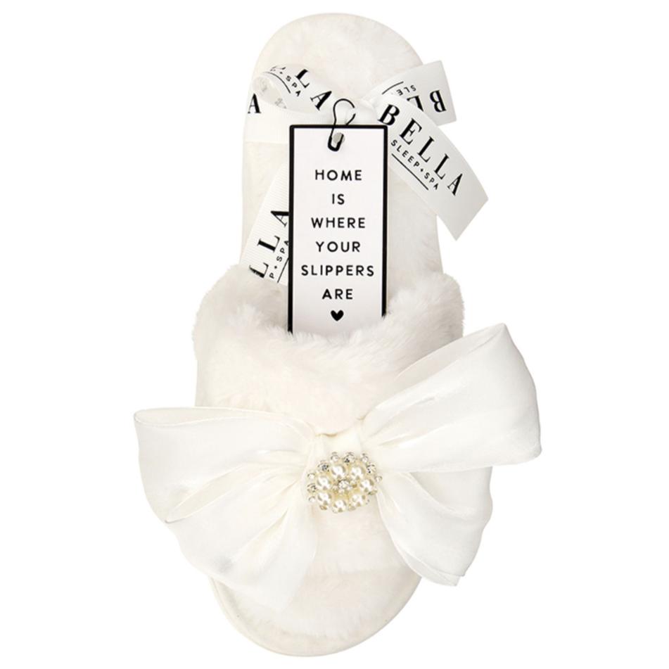 Bella Plush Slippers in White + White Crystal Bow R0693-Socks &amp; Slippers-Bella Sleep &amp; Spa-White + White Crystal Bow-Small-Anna Bella Fine Lingerie, Reveal Your Most Gorgeous Self!