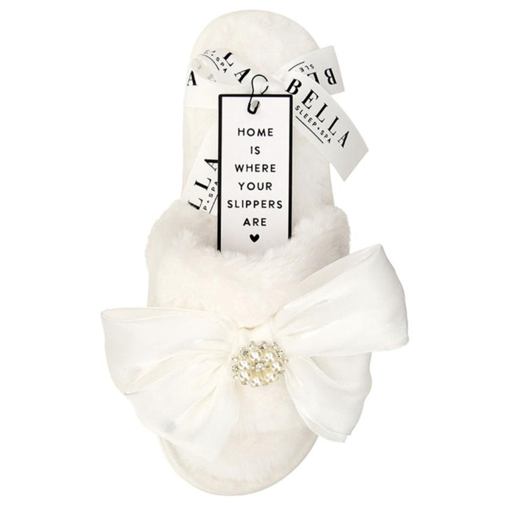 Bella Plush Slippers in White + White Crystal Bow R0693-Socks &amp; Slippers-Bella Sleep &amp; Spa-White + White Crystal Bow-Small-Anna Bella Fine Lingerie, Reveal Your Most Gorgeous Self!