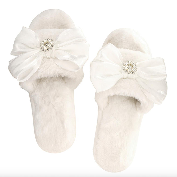 Bella Plush Slippers in White + White Crystal Bow R0693-Socks &amp; Slippers-Bella Sleep &amp; Spa-White + White Crystal Bow-Small-Anna Bella Fine Lingerie, Reveal Your Most Gorgeous Self!