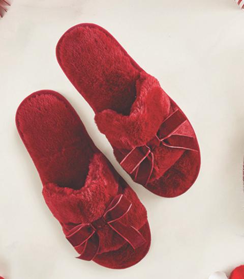 Bella Plush Velvet Bow Slippers in Burgundy R5391-Anna Bella Fine Lingerie-Burgundy-Small-